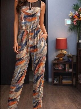 BCBGMaxAzria Sleeveless Geo-Print Jumpsuit in “zig zag art”. NWT